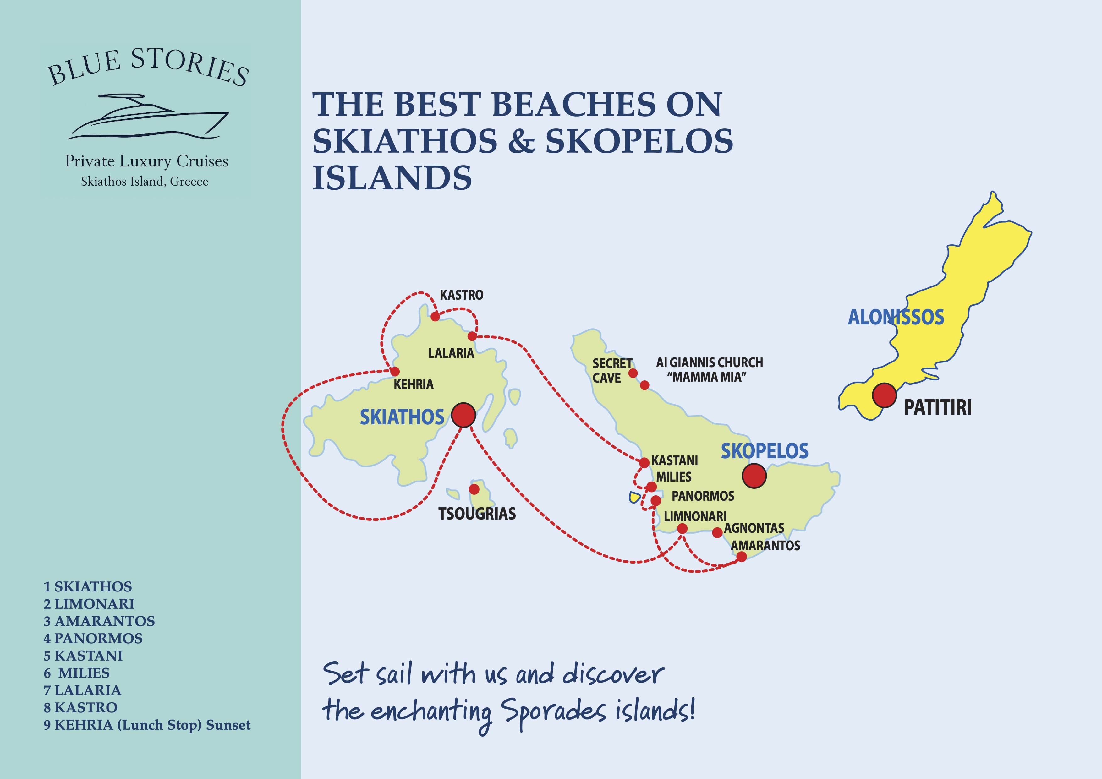Best Beaches itinerary map showing top beaches of Skiathos and Skopelos