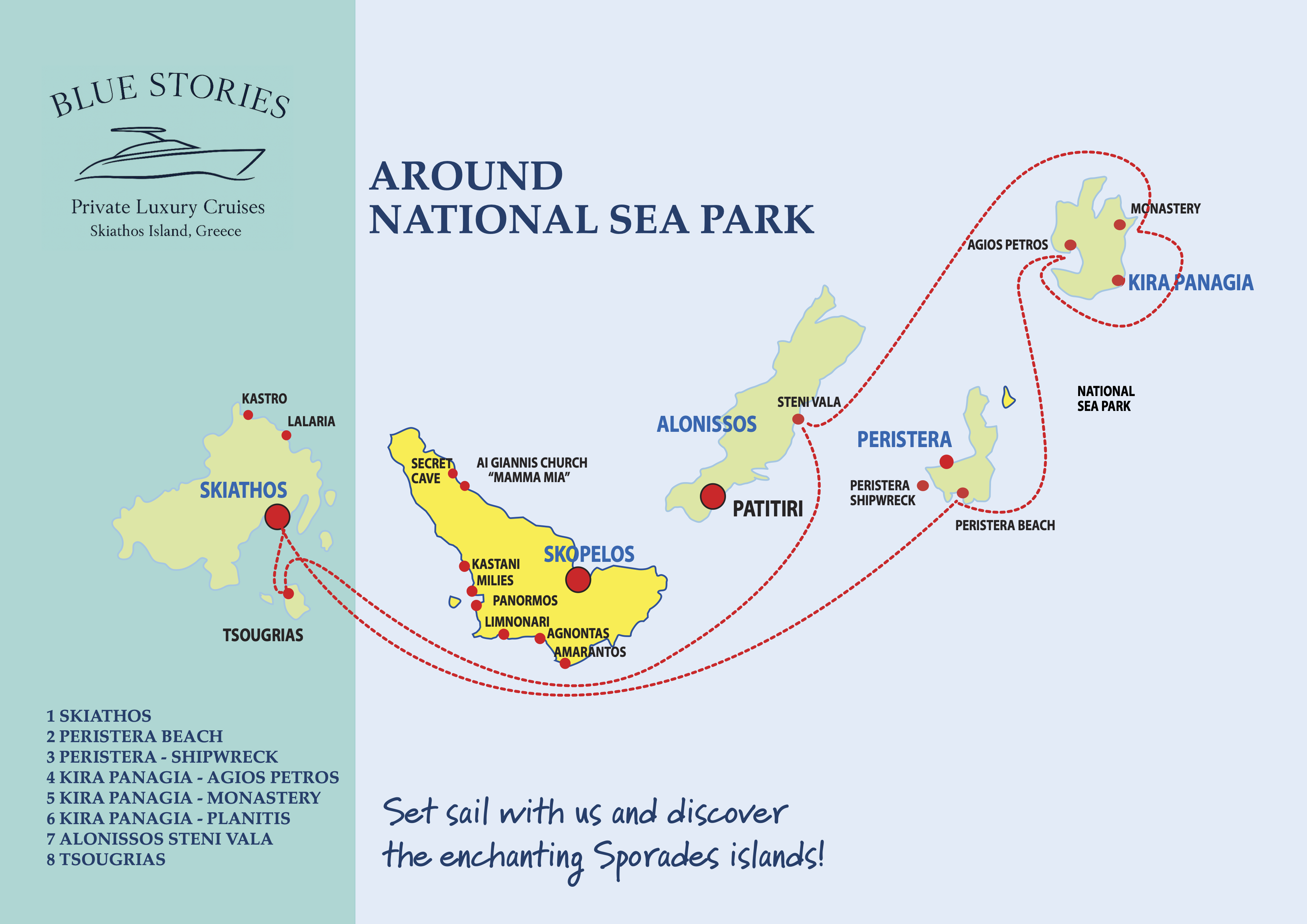 Sea Park Cruise itinerary map showing route through the Alonissos Marine Park